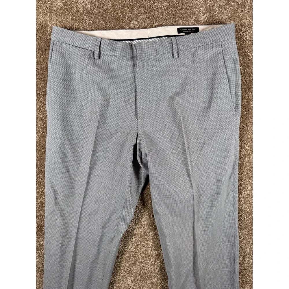 Banana Republic Mens 35x32 Modern Slim‎ Fit Grey Wool Micro Check Dress Pants